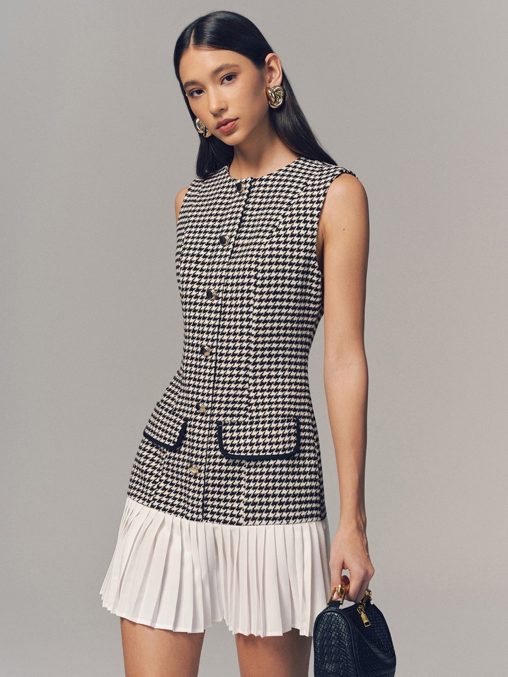 Commense Houndstooth Sleeveless Pleated Hem Mini Dress Size XS NWT